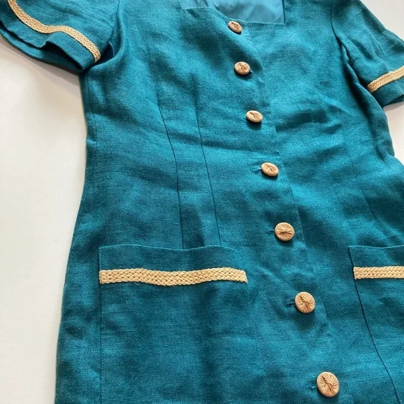 Liz Claiborne Vintage Linen Maxi Dress Womens 10 Green 90s Button Front Pockets - Picture 14 of 16